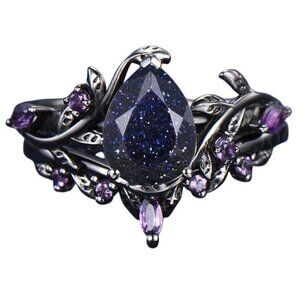 Pear Cut Blue Sandstone & Amethyst 2 piece Bridal Wedding engagement ring set